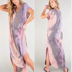 Multi print short sleeves v-neckline maxi dress